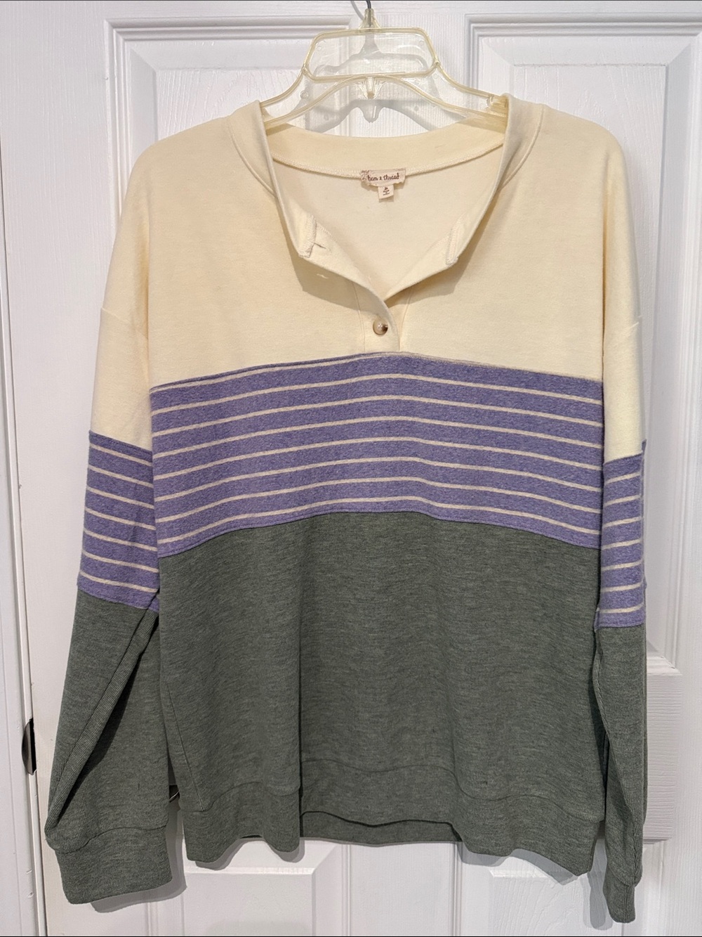 Hem & Thread Cream, Lavender & Olive Stripe Henley Pullover. Size M.